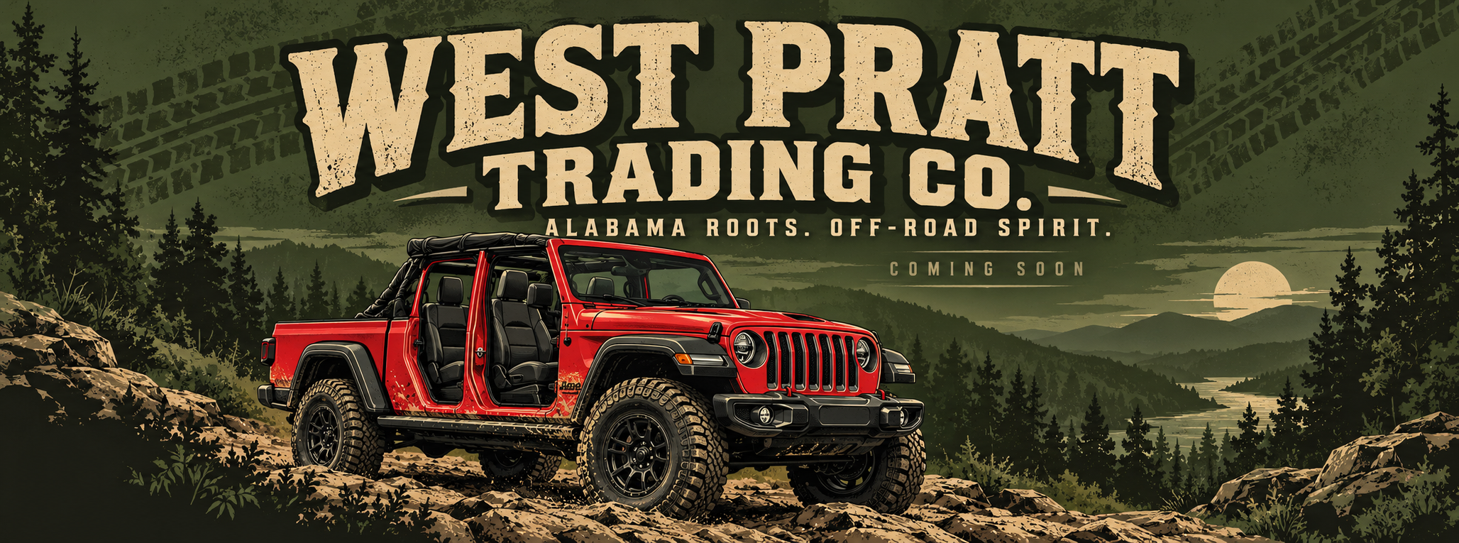 West Pratt Trading Co. artwork with a red doorless Gladiator on a rocky trail, army green mountains and khaki lettering